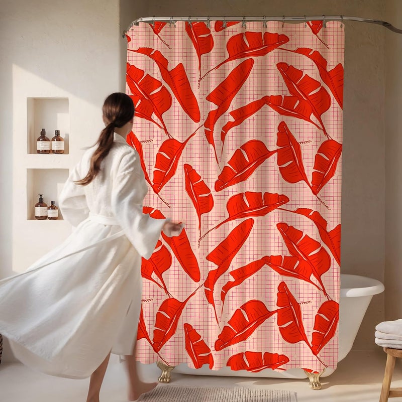 Worthwhile Goods Pink Red Banana Leaf Print Shower Curtain - Tropical Palm Pattern - Modern Maximalist Home Decor - Bold Colorful Hotel Style Fabric Shower Curtain For Any Bathroom - 72x72 Inches (Red Palms) - Image 2